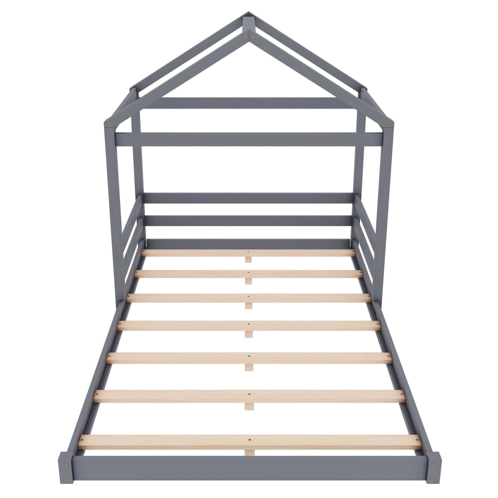 Letto per bambini a forma di casa 140x200 cm con rete a doghe; legno di pino e MDF grigio