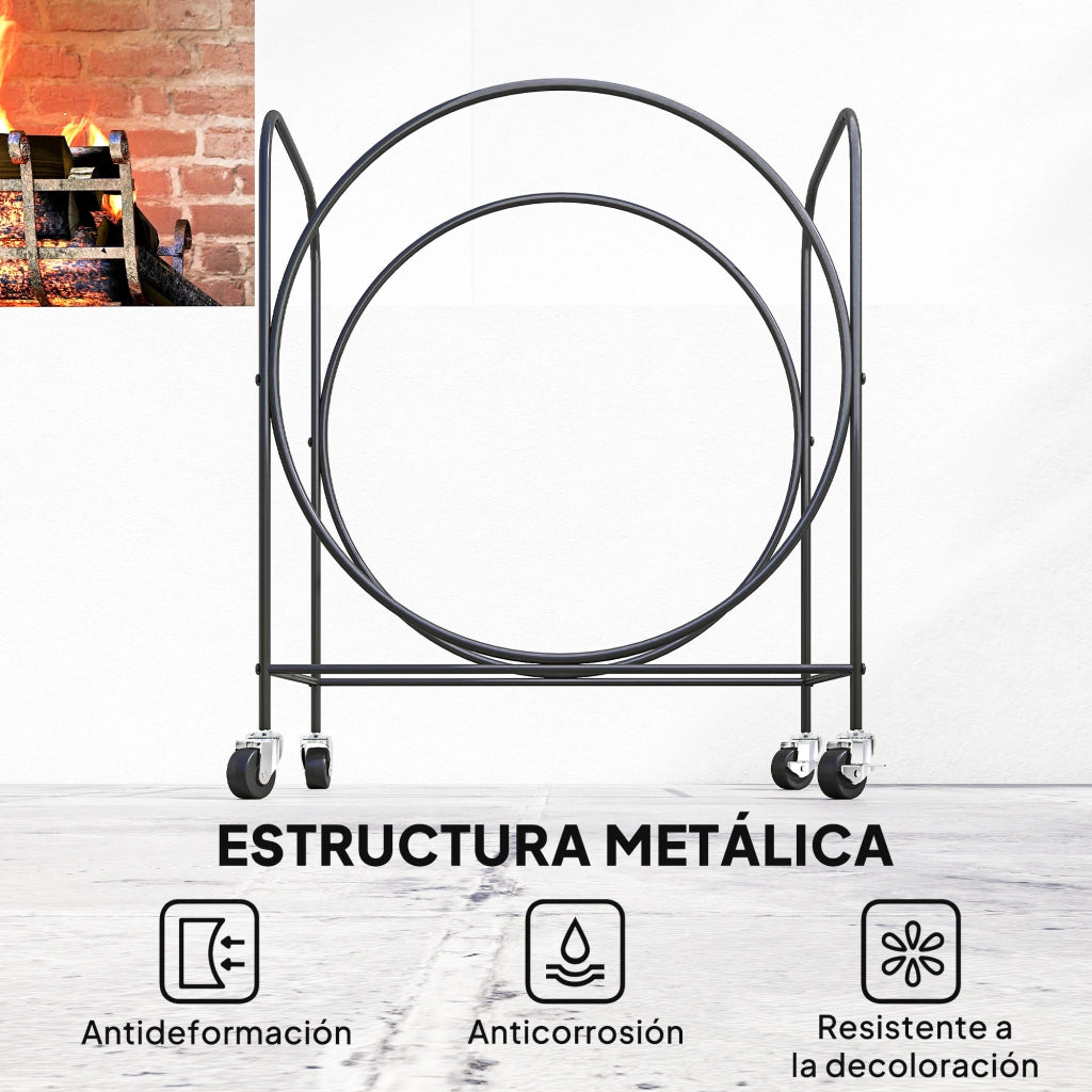 Porta Legna Metallico con Ruote per Interno ed Esterno ¨C zephmum ¨C Nero 51x30x60 cm