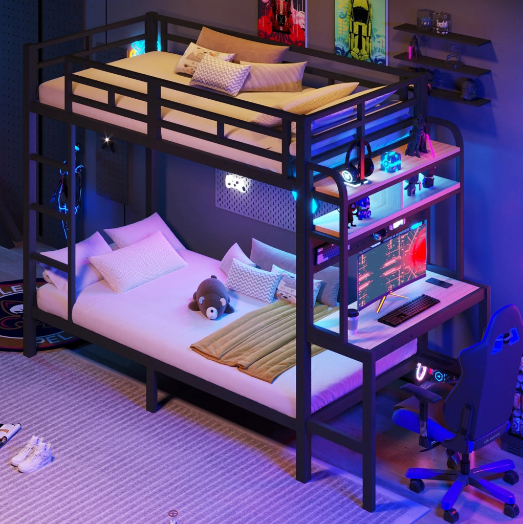 Letto a castello 90 x 200 cm con scrivania; ripiani; LED e USB in metallo nero