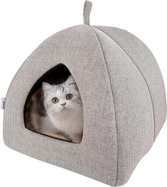 Gatto con cuscino Sherpa super morbido e soffice (lavabile) L 35 cm x B 35 cm x H 40 cm - tenda per gatti per piccoli e medi gatti