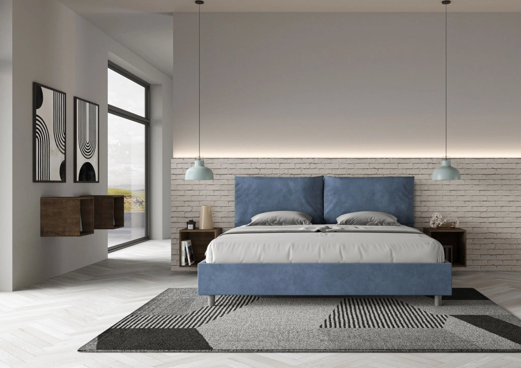 BS COM Letto matrimoniale king size con rete imbottito 200x210 microfibra blu