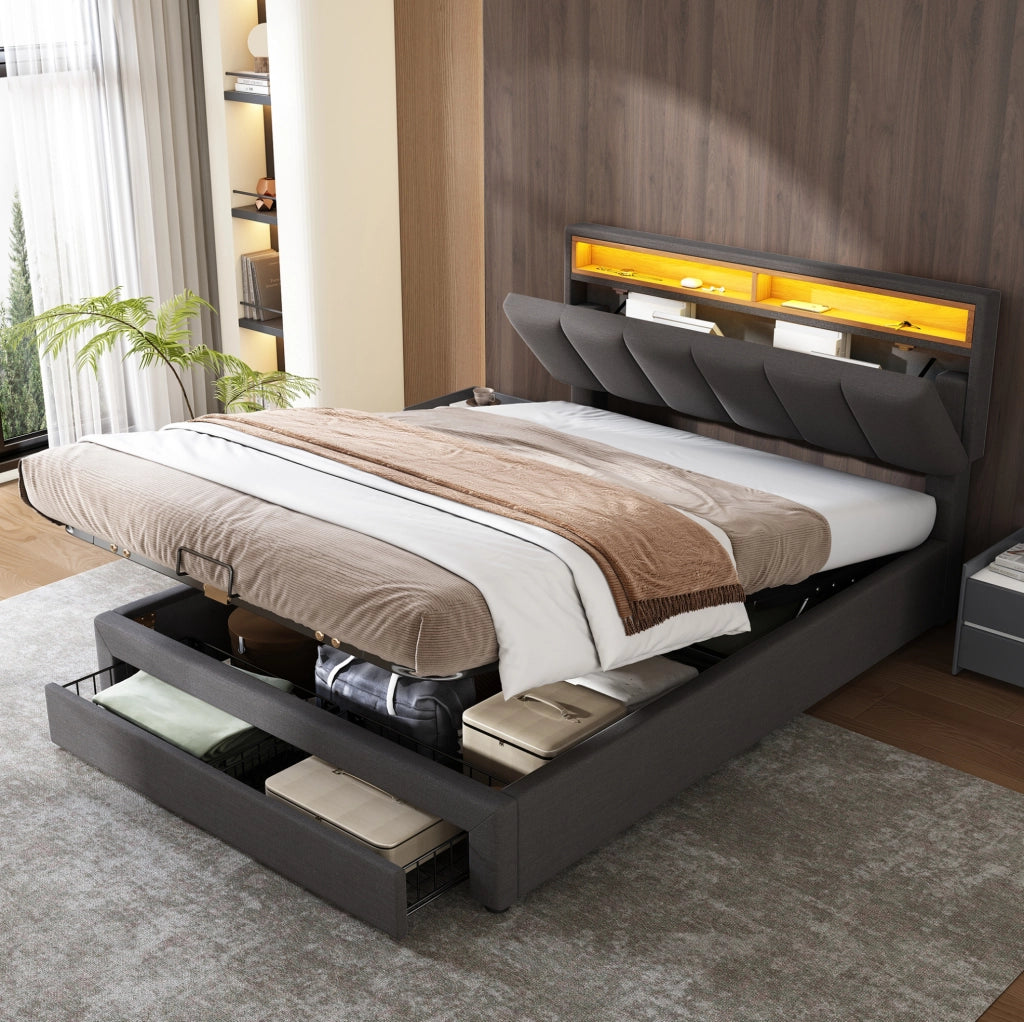 Letto imbottito matrimoniale 140x200 cm con LED; contenitore sottoletto; grigio in lino