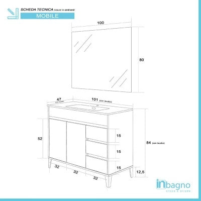 Mobile bagno da terra 100 cm rovere chiaro con specchio e lavabo Way