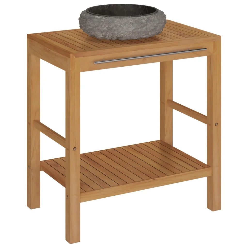 Armadietto da Bagno in Legno di Teak con Lavabo in Marmo Nero