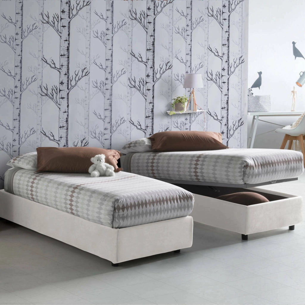 Letto singolo Ava, Letto contenitore con rivestimento in tessuto, Made in Italy, Apertura frontale, adatto per materasso cm 80x200, Bianco