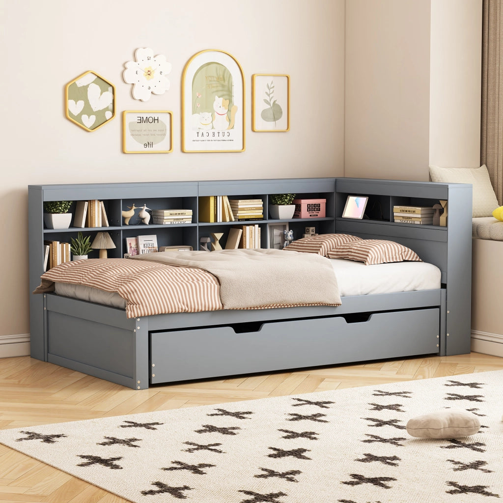 OKWISH Letto a Divanetto 90×200 cm, Letto Singolo con Letto Estraibile 90×190 cm, USB, Vani Contenitore e Mensole, senza Materasso, Grigio