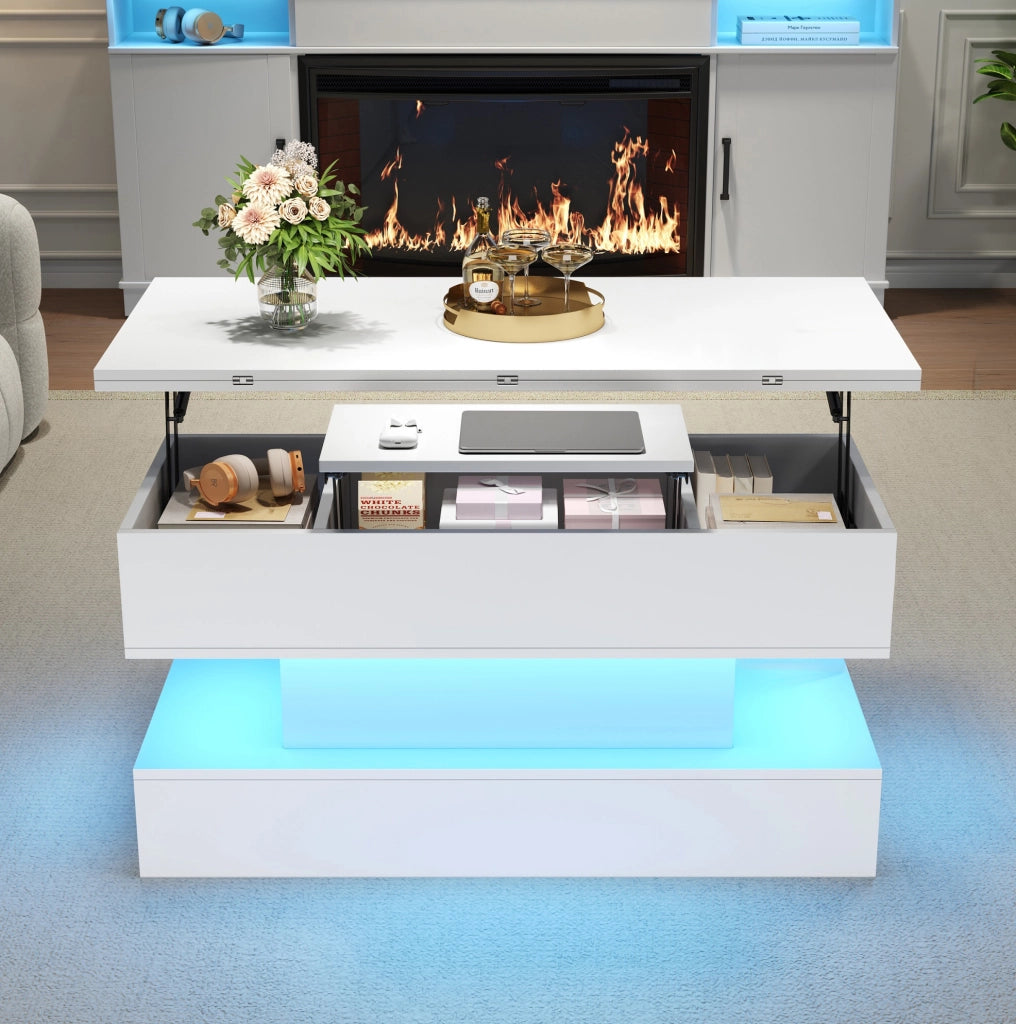 Tavolino da caffè 100x50x51.5 cm con piano sollevabile; vano contenitore e LED; truciolare bianco