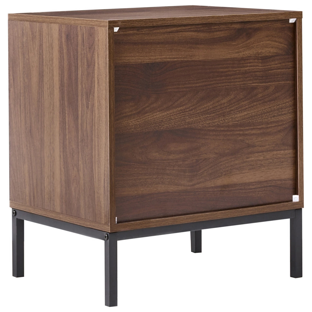 Comodino Marrone scuro MDF Gambe in metallo Cassetto Ripiano Motivo geometrico Comodino da camera da letto