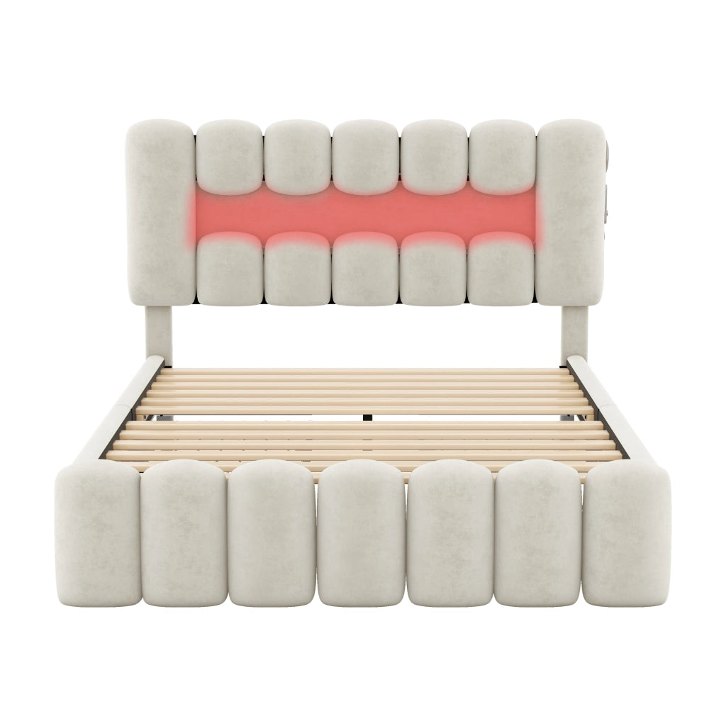 Letto imbottito con LED e stereo - Zephmum- 160x200cm- Beige- 4 cassetti