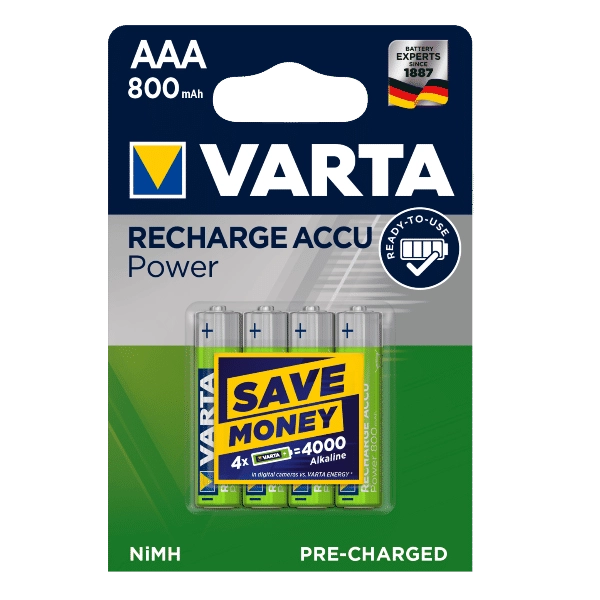 Varta Recharge Accu Power AAA 800 mAh Blister da 4 (Batteria NiMH Accu Precaricata, Micro, ricaricabile, pronta all'uso)