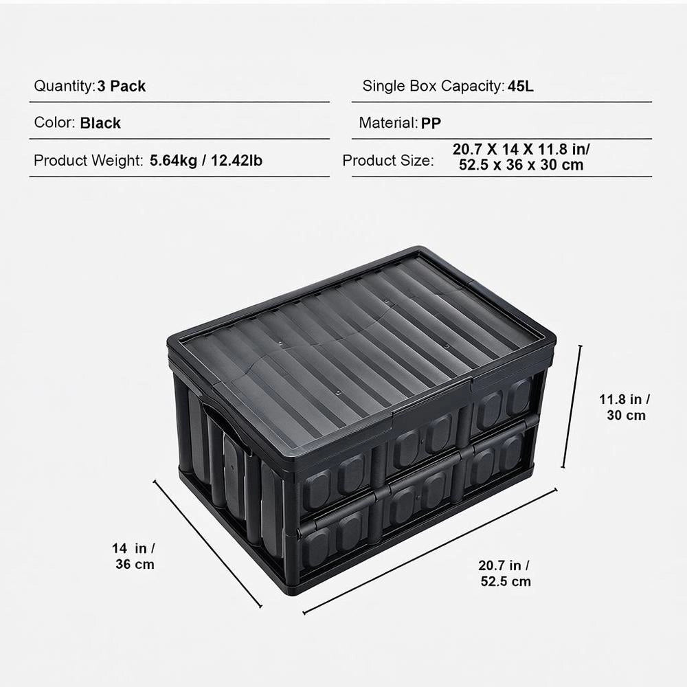 Set Of 3 45L Professional Folding Boxes Made Of PP, Transport Boxes With Lids, Foldable Storage Boxes With Handles, Stackable Crates, Storage Boxes, Folding Boxes, Stackable Boxes For Storage & Transport