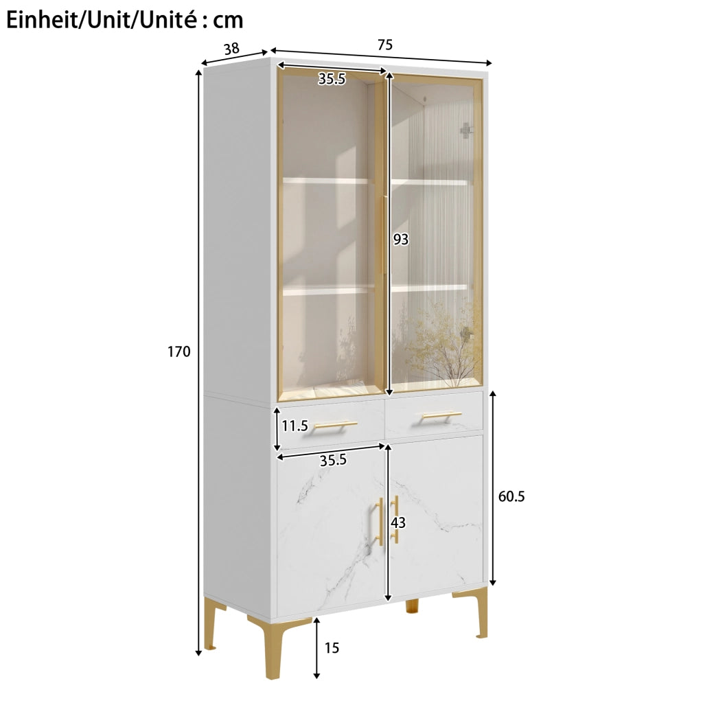 Vetrina con 2 ante in vetro, LED APP, 2 cassetti e ripiani, per soggiorno e sala da pranzo, bianco, 75 × 38 × 170 cm
