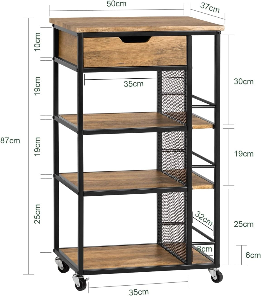 Carrello Cucina con Ruote, Mobiletto Cucina Salvaspazio con 1 Cassetto, 3 Ripiani e Ripiani Laterali, Credenza Cucina o Bagno, Mobiletto Cucina Dispensa Stile Vintage 50 x 37 x 87 cm FKW99-N