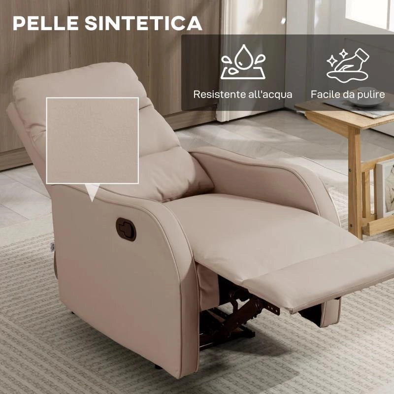 POLTRONA RECLINABILE 160¦ MAX CON POGGIAPIEDI, IN PELLE PU, LEGNO E ACCIAIO, 65X89X100 CM, MARRONE CHIARO
