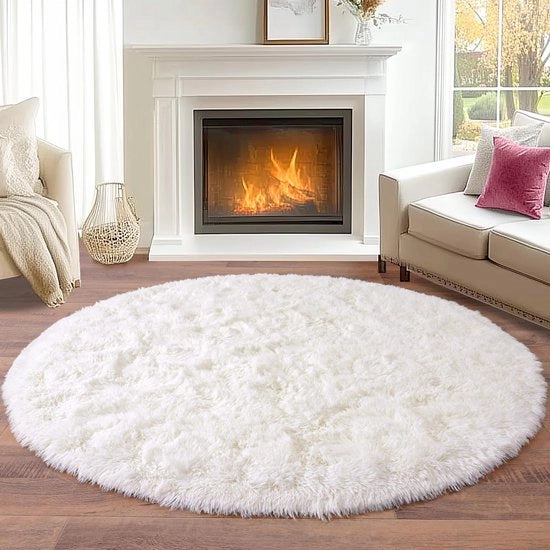 Tapijt Rond 120 cm in Crème, Tapijt Langpolig Pluizig per Woonkamer, Tapijt Modern per Woonkamer, Tapijt per Nachtkastje, Tapijt Hoogpolig Antislip per Slaapkamer e Kinderkamer