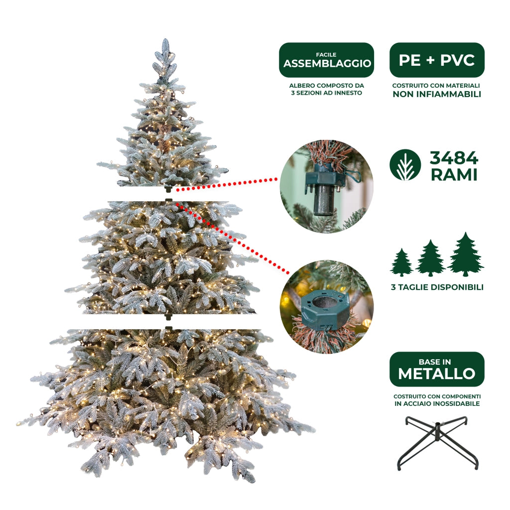 Albero di Natale Pino Verde Innevato Le Stelle St. Moritz H 240cm x L 165cm Super Folto Effetto Real-Touch con 3000 Luci Led Incorporate 3484 Rami