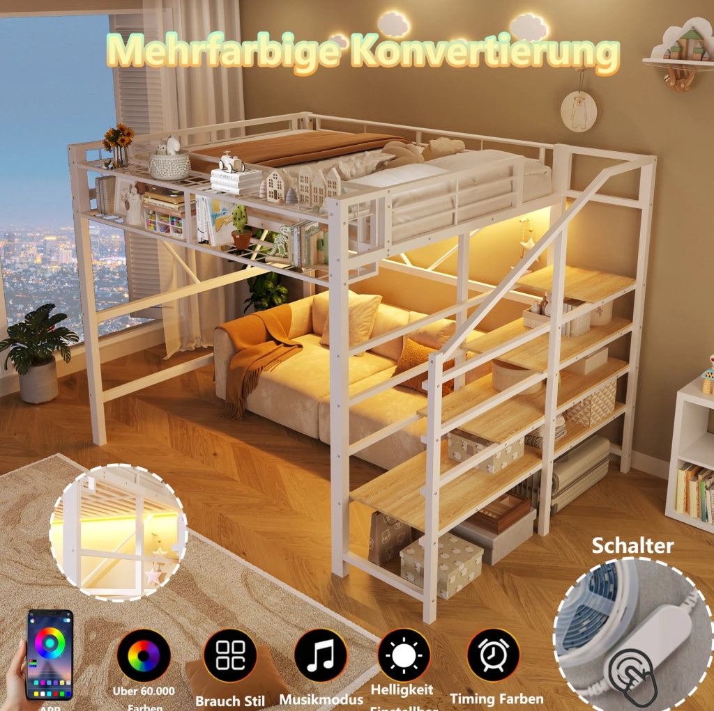 Letto a soppalco 140x200 cm in metallo e MDF con LED, bianco