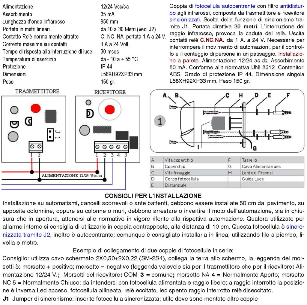 Fotocellula Una Coppia Portata 30 Metri Lineari Antischiacciamento per Cancello Elettrico Automatico Allmatic Montaggio a Parete o Palina Alimentazione 12/24 Vac