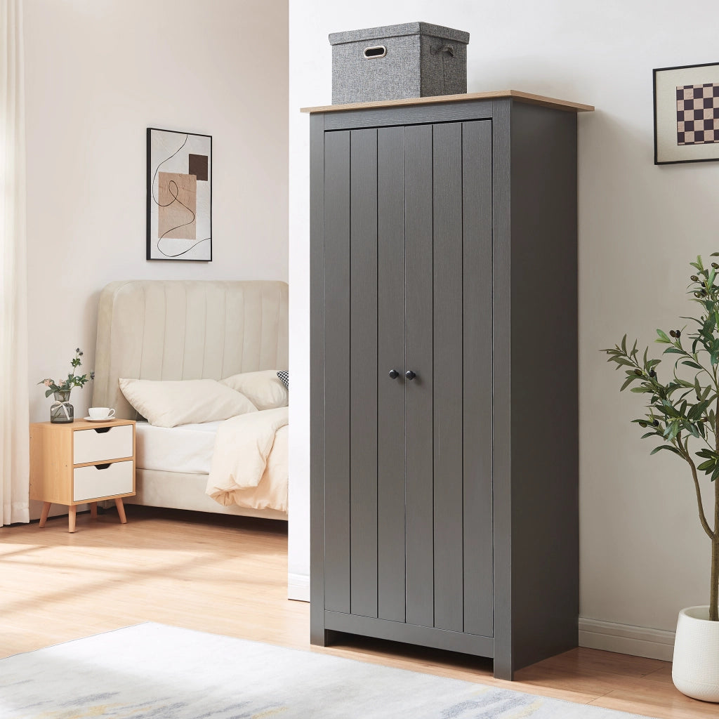 Armadio per Guardaroba Trorjam con Barra Appendiabiti e Scomparti 175 x 80 x 52 cm - Grigio/Effetto Rovere [en.casa]