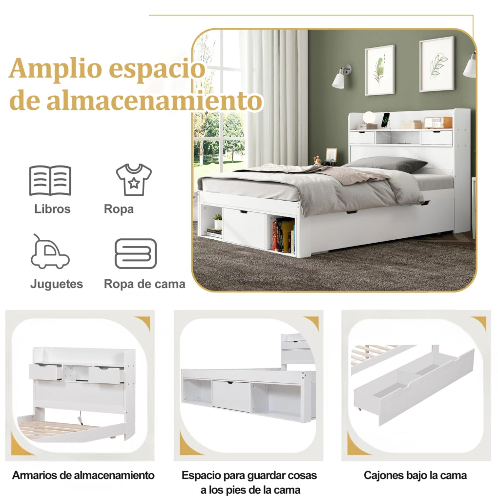 Letto singolo multifunzione 90x190 cm con porta USB e prese; bianco in MDF