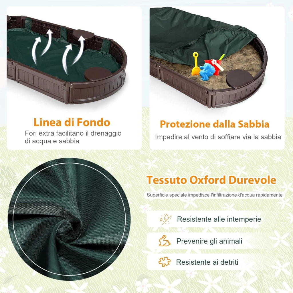 Sabbiera per Bambini con Coperchio Impermeabile, con 4 Sedie, Ideale per Giardino, Cortile e Spiaggia,183 x 105 x 21 cm, Marrone