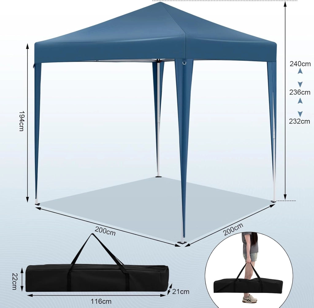 Gazebo Pieghevole da Giardino, Gazebo Impermeabile Pop Up da 2x2m con Pannelli Laterali, Tendone Esterno, Altezza Regolabile, Protezione UV, con Custodia, Blu