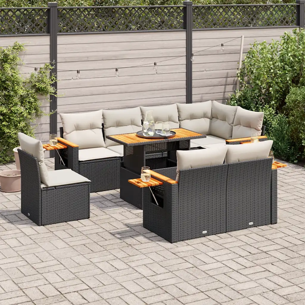Set Divani da Giardino 9 pz con Cuscini Nero Polyrattan Acacia 3327612