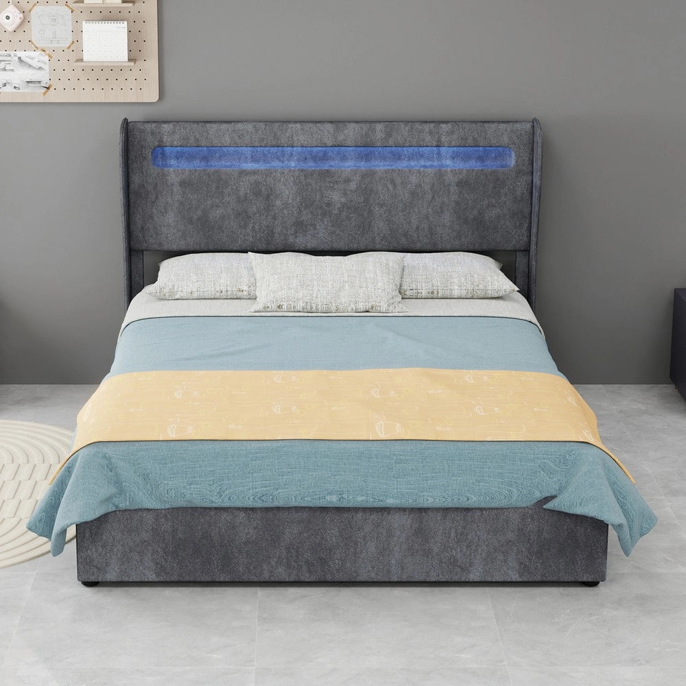 Letto Contenitore Imbottito con LED ¨C MINIMAL ¨C Grigio 140x200 con Materasso