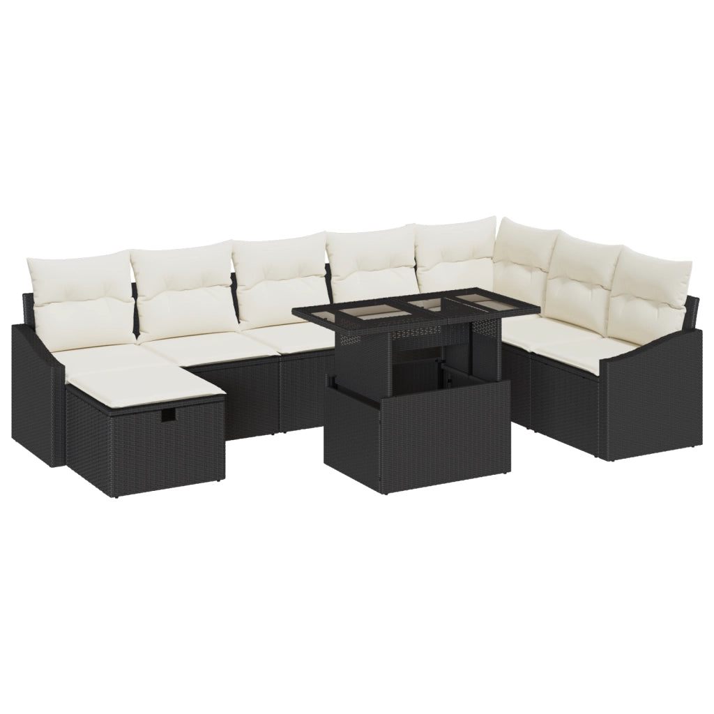 Set Divano da Giardino 9 Pezzi con Cuscini Nero Polyrattan