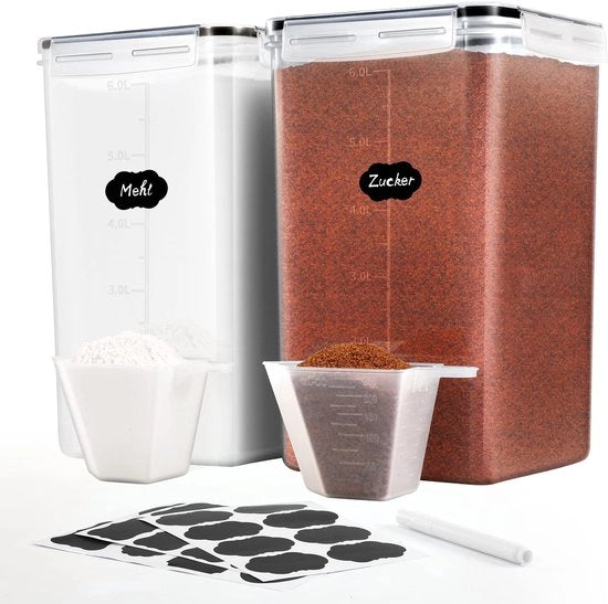 Set di contenitori a chiusura ermetica 6,5L, grande, set di 2, etichette e cucchiai, contenitore a chiusura ermetica in plastica BPA-free, organizzatore della cucina, contenitore per zucchero e farina