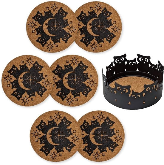 Set di vapore decorativo da sei piedini per bicchieri e tazze con supporto metallico, uccelli, nero