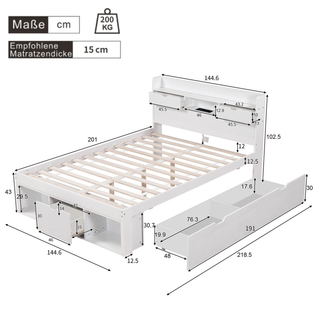 Letto 140x200 cm; porta USB e Tipo C; grande spazio contenitore; legno di pino e MDF; bianco (Senza materasso)