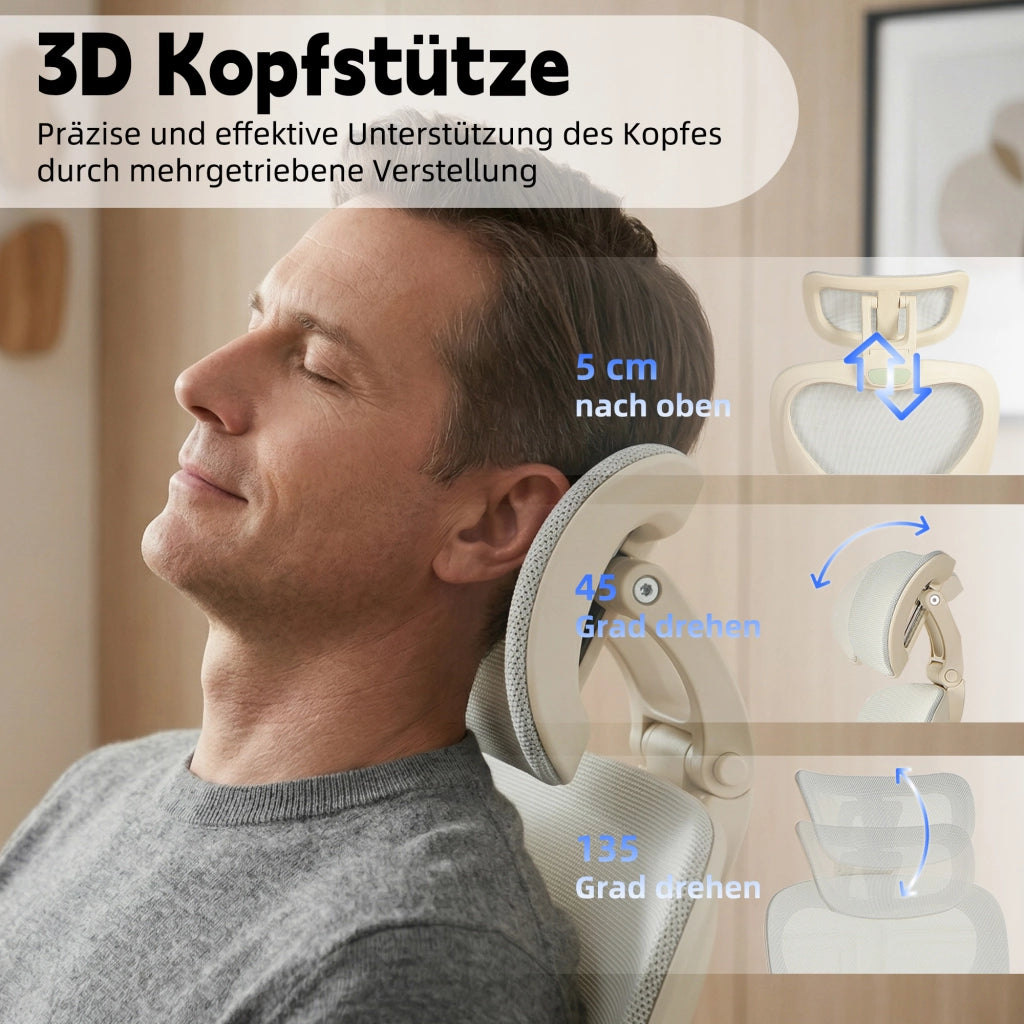 Sedia da ufficio ergonomica pieghevole con supporto lombare, poggiatesta 3D e funzione di inclinazione in schiuma grigio