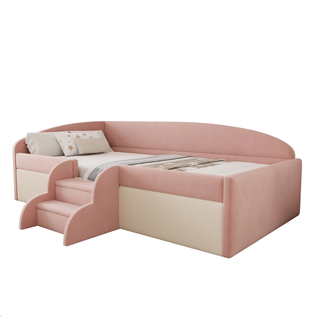 Letto imbottito per bambini con scalini e protezioni; 90x190 cm; velluto rosa e crema