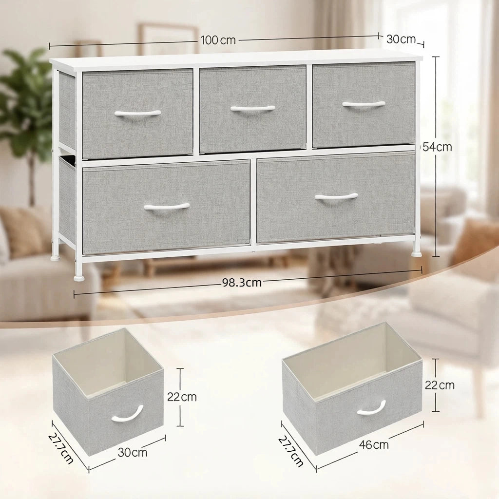 Cassettiera con 5 cassetti in tessuto e piano d'appoggio, per ingresso e soggiorno, 100 × 30 × 54 cm, grigio chiaro