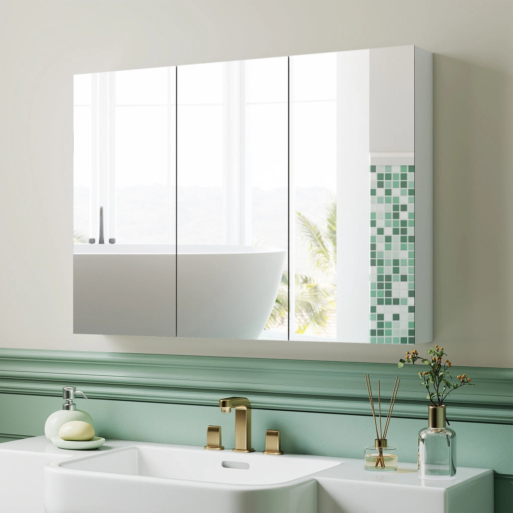 Armadietto da Bagno con Specchio ¨C Xylo ¨C 3 Ante, Ripiani Regolabili, Bianco, 91.5x11.5x65cm