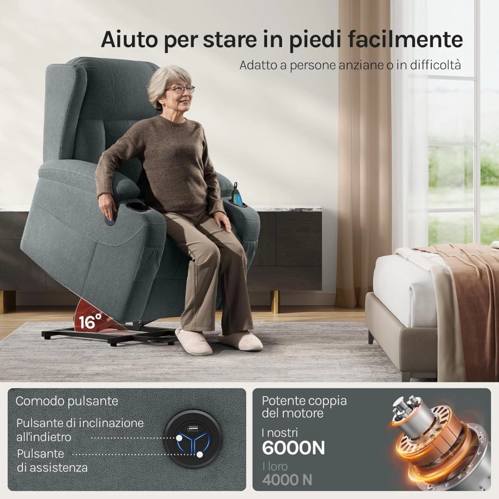 Poltrona Elettrica Reclinabile, Sedia Massaggiante con Alzapersone, Riscaldamento, Poggiapiedi, Tasche Laterali, Porta USB, Portabicchieri, per Soggiorno, Tessuto Spugna, Grigio, SKS61gr