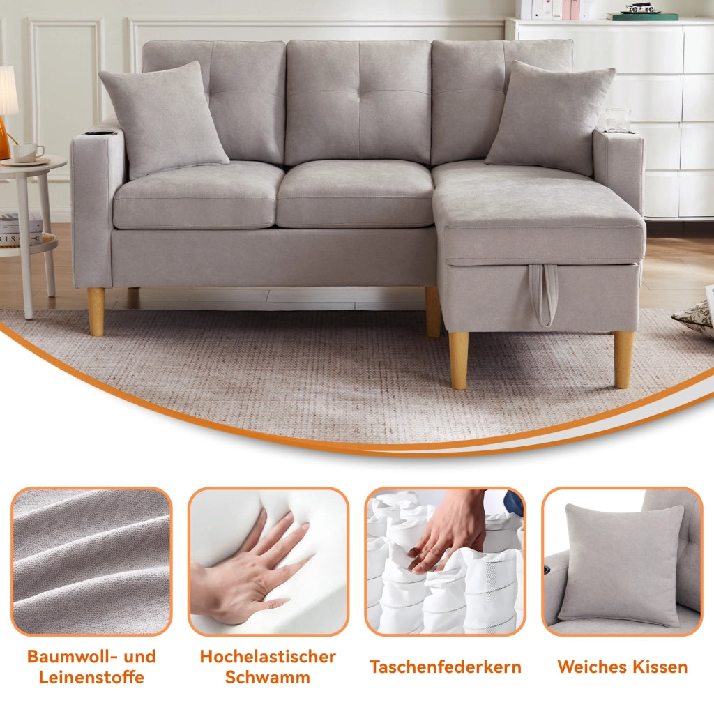 DIVANO angolare con chaise longue e contenitore 175x129x90 cm grigio chiaro cotone e lino