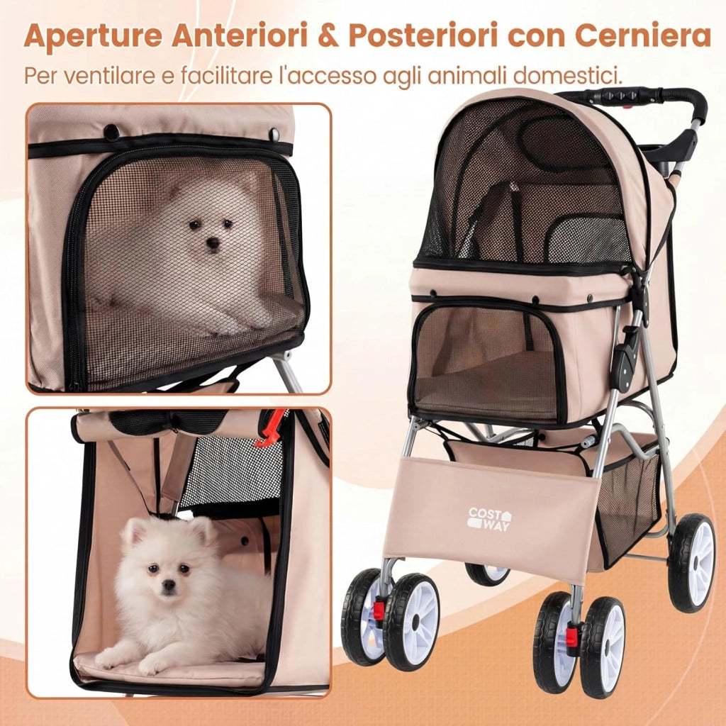 Passeggino per Cani Piccoli Pieghevole Facile, Carrozzina per Cani Portata Fino a 15 kg con Rete Traspirante e Copertura Impermeabile, Passeggino per Gatti per Viaggio (Beige)