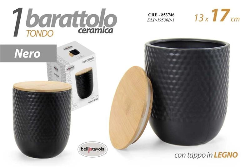 BARATTOLO TONDO IN CERAMICA NERA CON TAPPO IN LEGNO 13X13X17CM