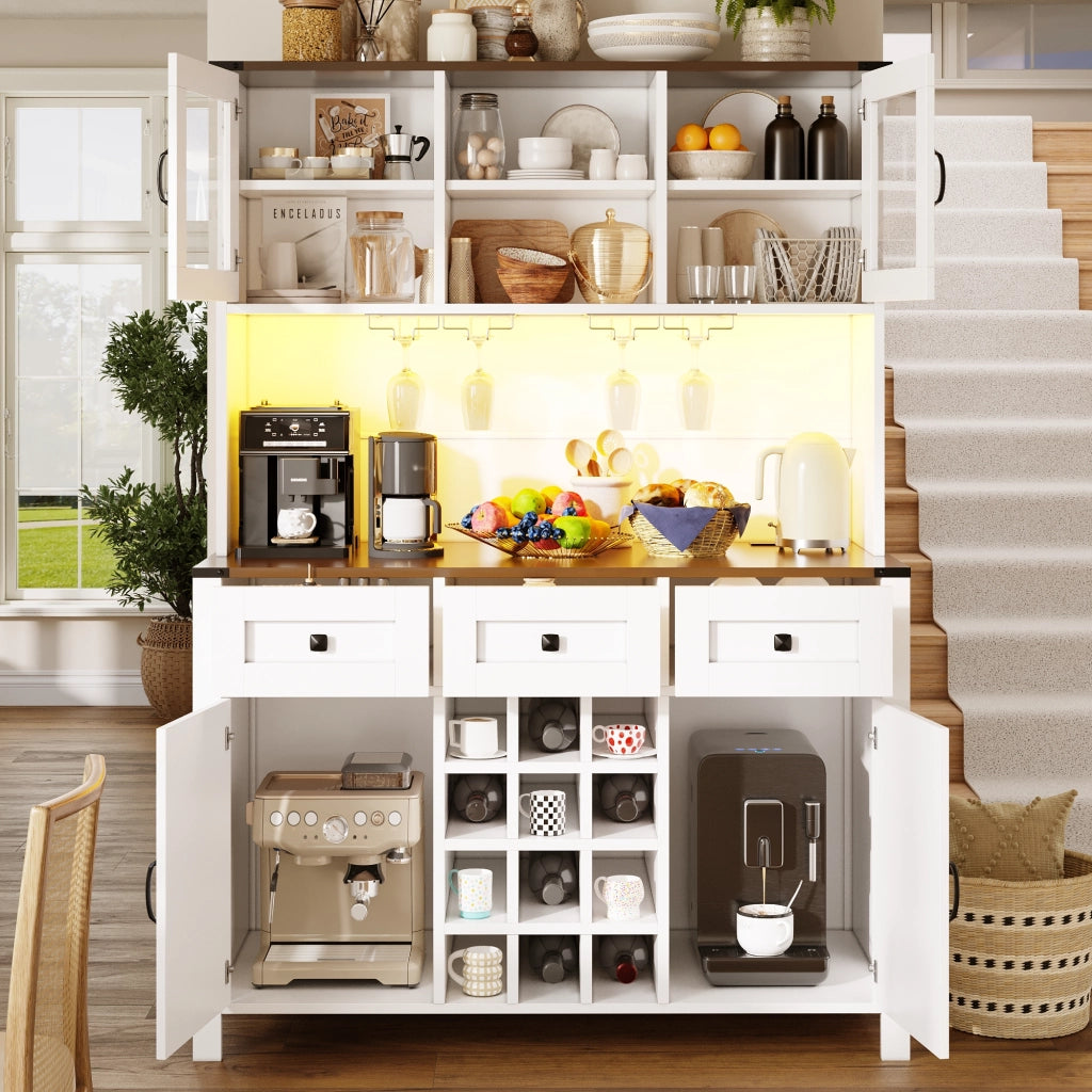 Credenza Alta da Cucina con 4 Ante; 3 Cassetti; LED; Prese e USB; in MDF e Vetro; 120 x 40 x 170 cm; Bianca