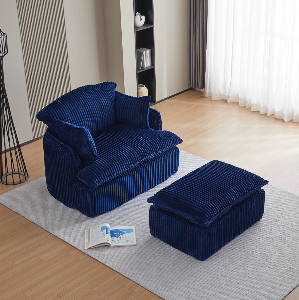 Poltrona con pouf 115x89x77 cm blu in tessuto morbido， compatta e senza montaggio