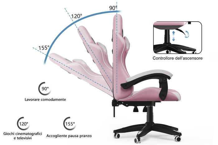 Sedia gaming ergonomica - RATTANTREE - con Supporto Lombare Sedia da Gioco in Pelle Pu con Altezza Regolabile - Rosa