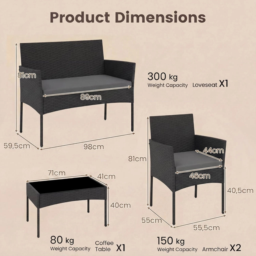 Salotto da Giardino Esterno 4 Pezzi, Set da Esterno in Rattan con Tavolino con Piano in Vetro, Divano 2 Posti e 2 Poltrone, Set da Conversazione con Cuscini per Patio, Balcone e Terrazzo (Grigio)