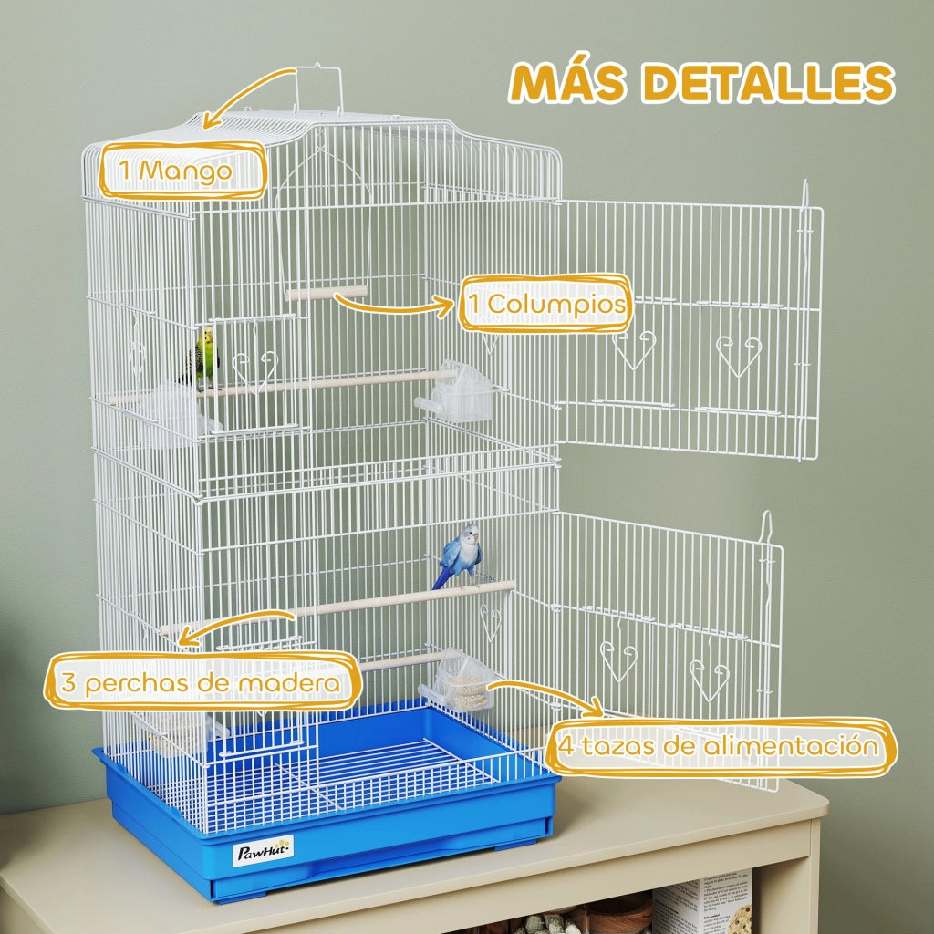 Gabbia per Uccelli ¨C Xylo ¨C Metallo Blu con 4 Mangiatoie 3 Trespoli Altalena 46,5x35,5x92 cm