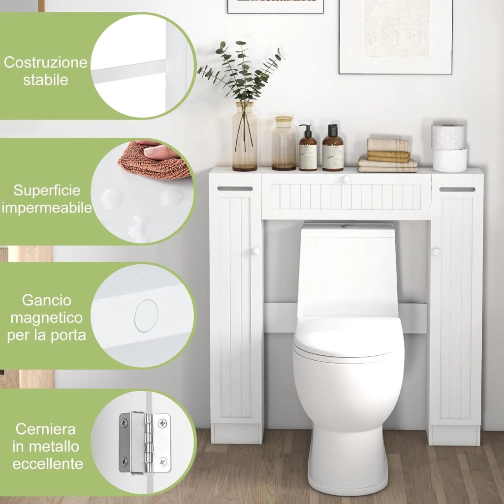 Mobile Sopra WC, Mobile per Bagno con Ripiani Regolabili Portarotolo per Carta Igienica e Anta Ribaltabile, Ideale per Bagno Lavanderia, 89x19,5x99 cm