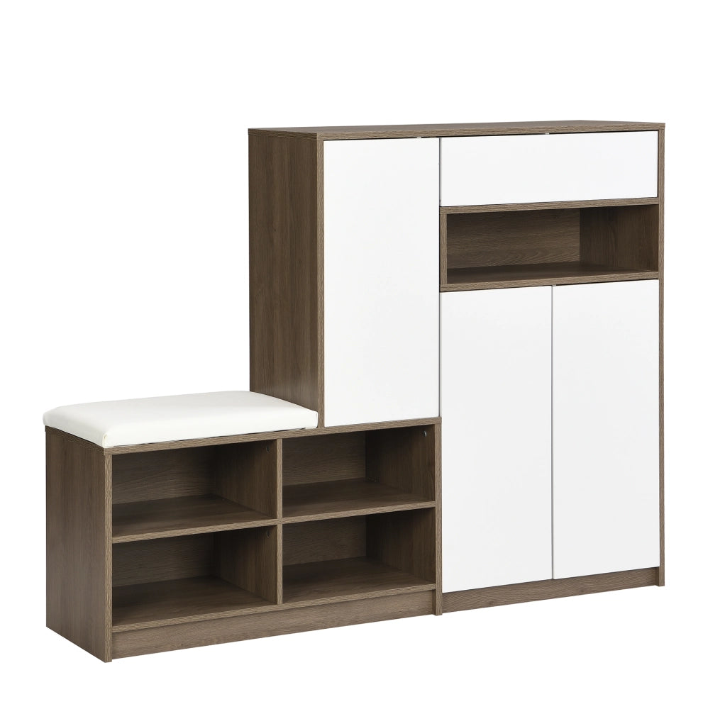 Scarpiera con panca e cuscino 140x35x110 cm in truciolare bianco con ripiani regolabili