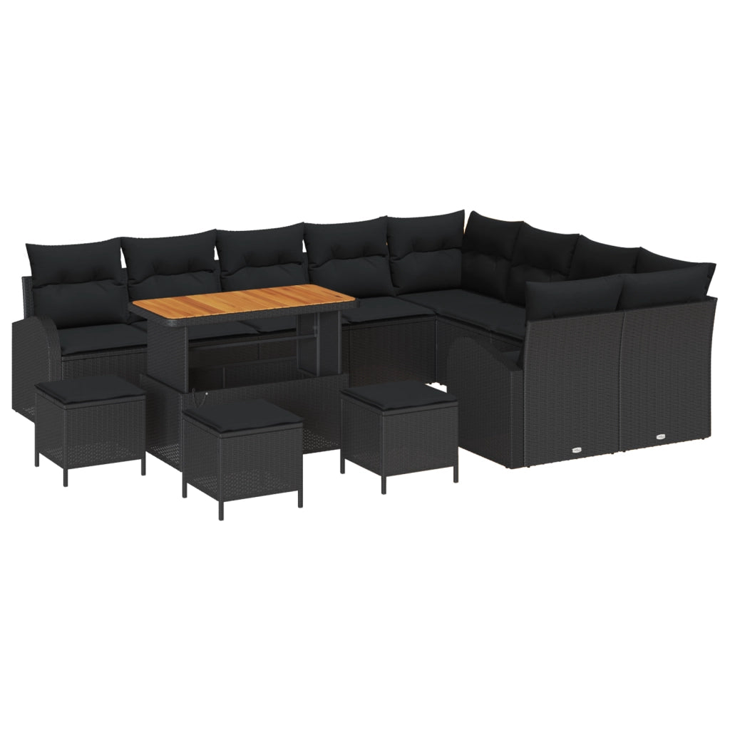 Set Divano da Giardino  da 13 Pezzi con Cuscini Nero Polirattan Acacia
