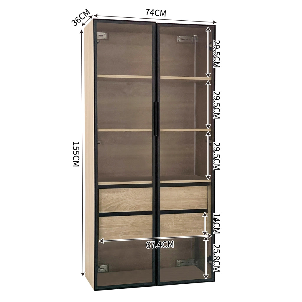 Armadietto da bagno con LED, 2 cassetti, 2 ante in vetro satinato e vani aperti, per bagno, in MDF naturale, 73 cm