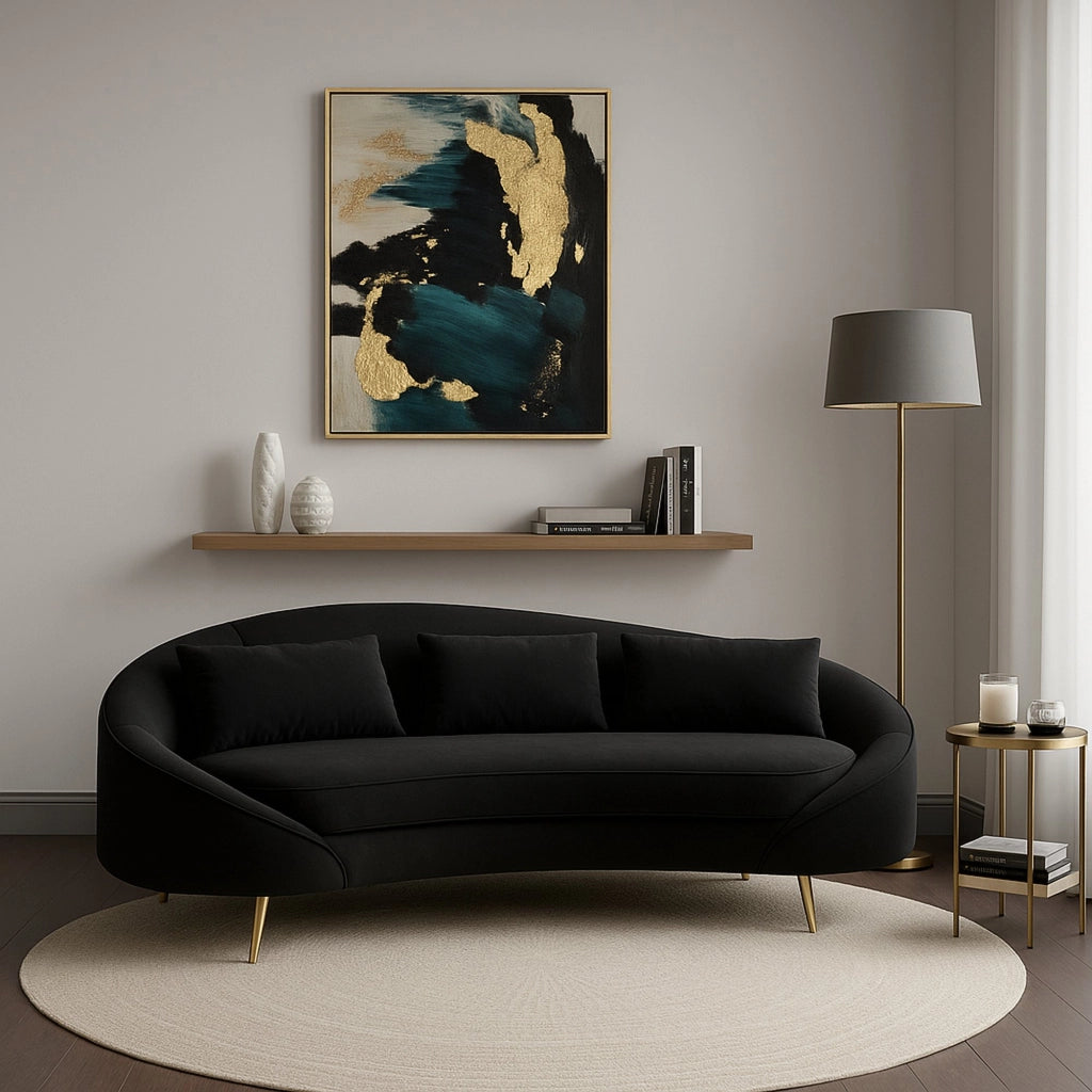 Divano fisso 3 posti Verte, Sofà dritto, Divanetto per salotto, Poltrona matrimoniale con contenitore, 185x84 h68 cm, Nero e Oro